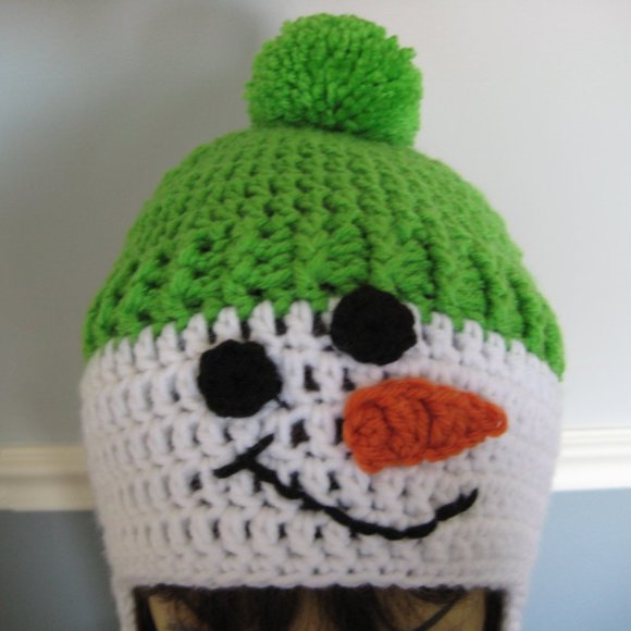 Let it Snow Beanie - Lime Green Unisex Teen / Adult Hand Knit Snowman Hat - SALE - Picture 6 of 7